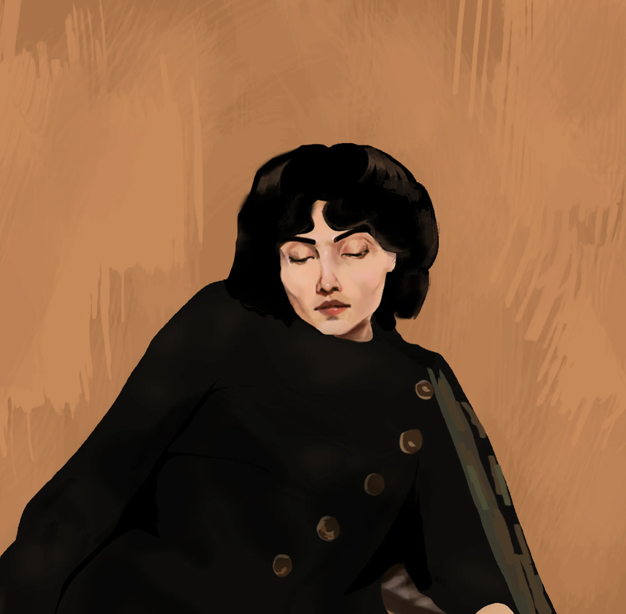 A painted portrait of a dark-haired character in a black cloak