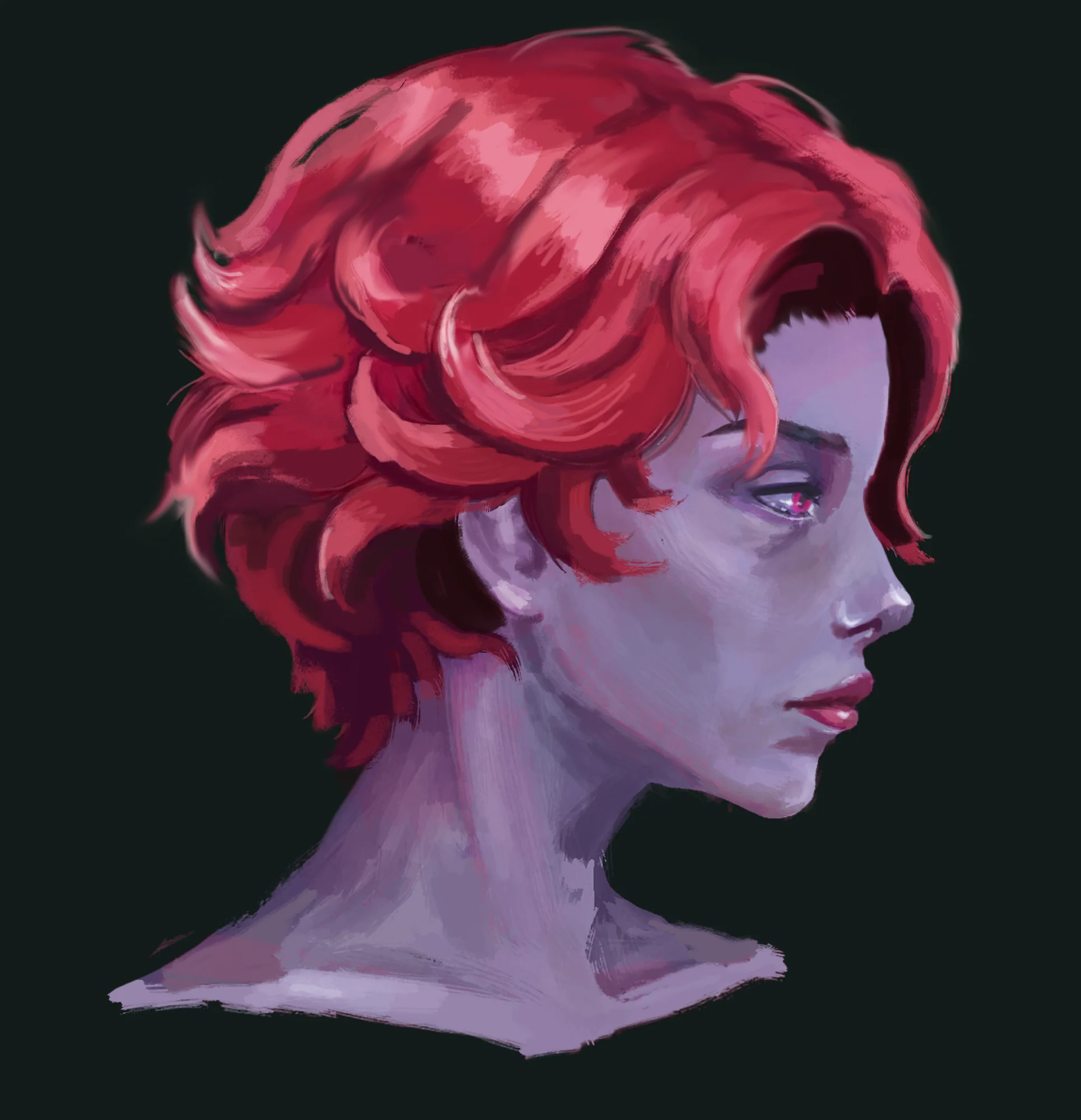 A profile portrait study with red hair and violet skin tones