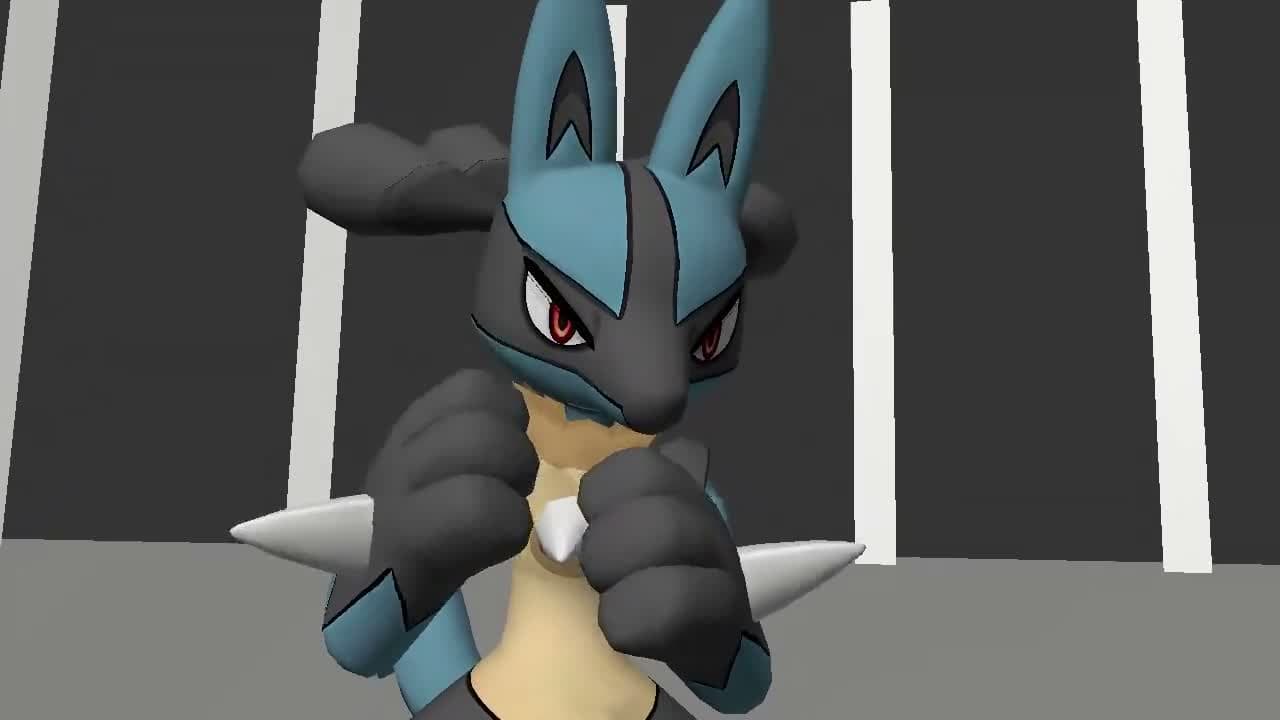 A high-intensity 3D combat animation preview between Lucario and Scyther