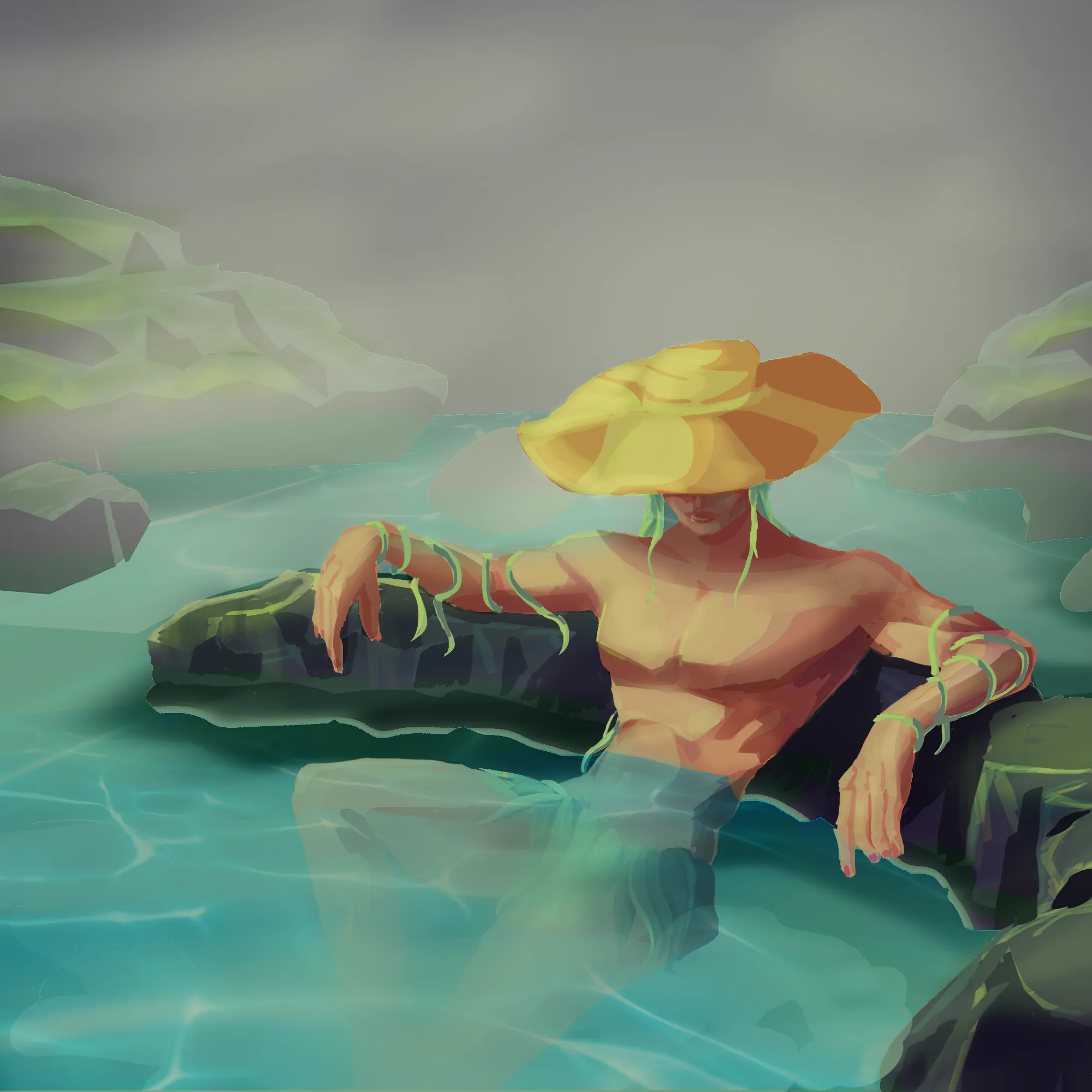 A colorful character painting set in luminous turquoise water