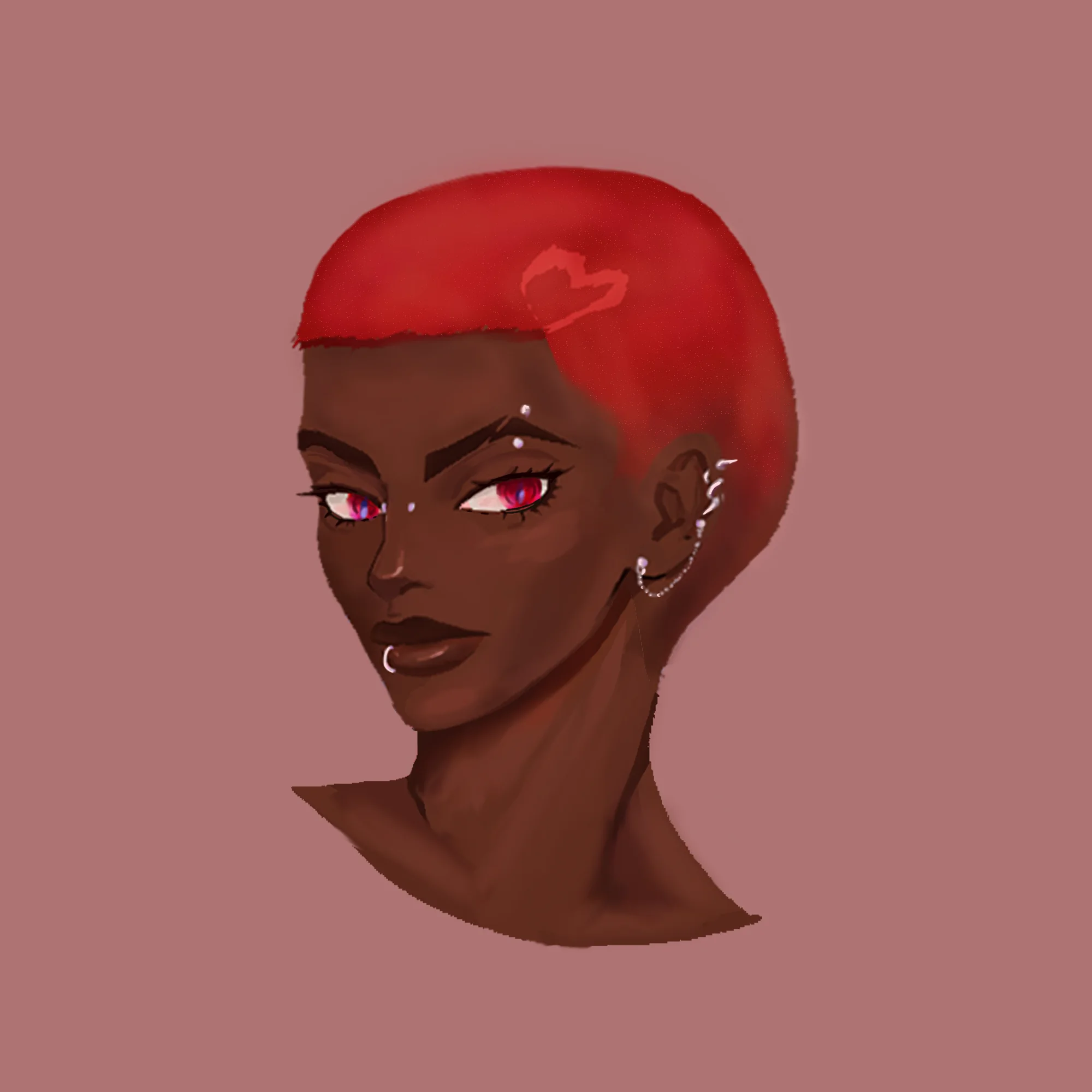 A digital portrait of a dark-skinned character with bright red hair