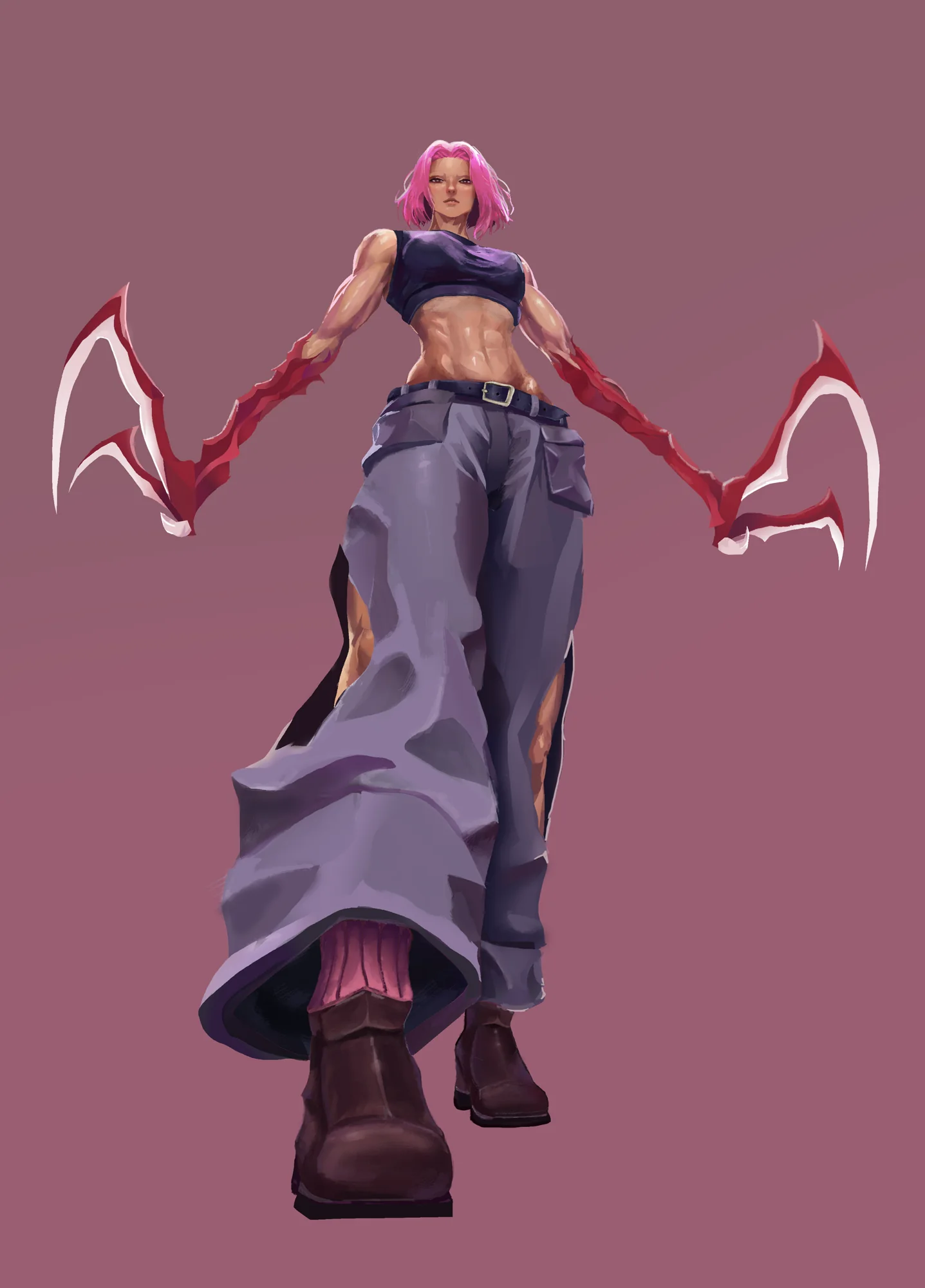 A low-angle character painting of a pink-haired fighter with twin blades
